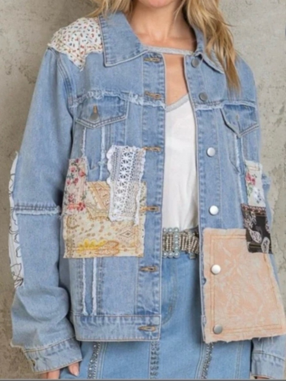 POL NEVER WORN PATCHWORK CHIC RELAXED FIT DENIM JACKET WOMEN’S SIZE SMALL